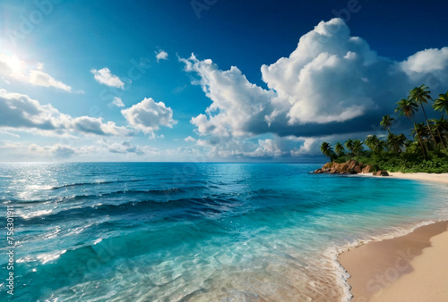 Background tropical nature seascape with blue sky with clouds on fantastic landscape, amazing view on ocean (sea) coastline. Concept of summer vacation and business travel in tropical climate