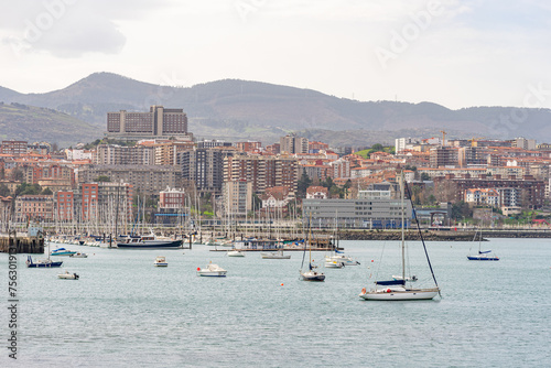 panoramic view across the sea to the city of Santurce-Basque country-Spain.13-3-2024