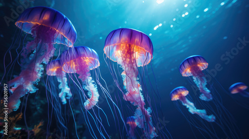 Luminous jellyfish swim deep in the blue sea jellyfish neon jellyfish fantasy water long strings