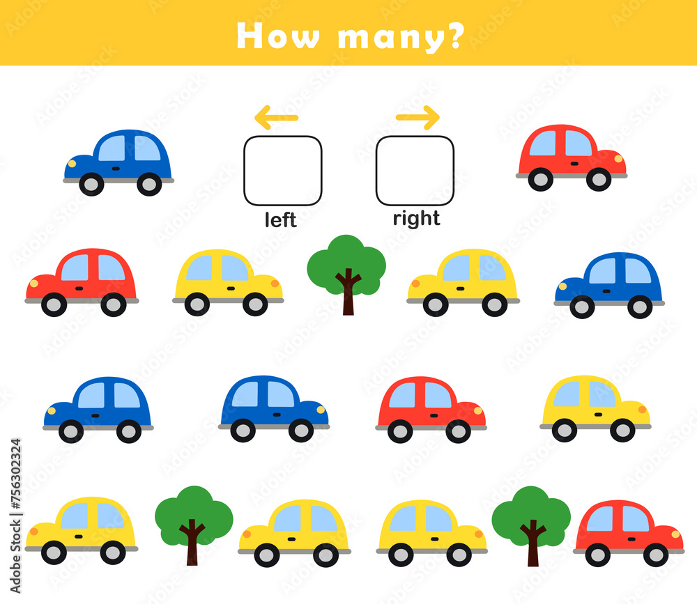 Fototapeta premium Left and right position worksheet. Educational worksheet for preschool kids. Educational game to learn left and right. 
