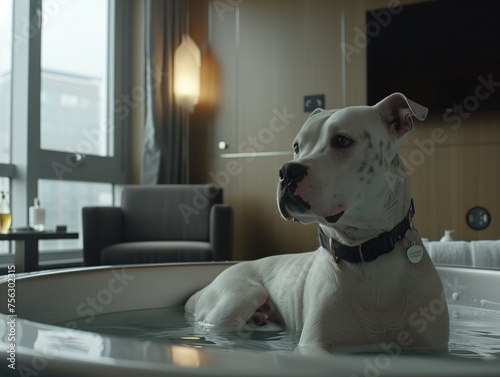 dog in a foam bath in a modern interior