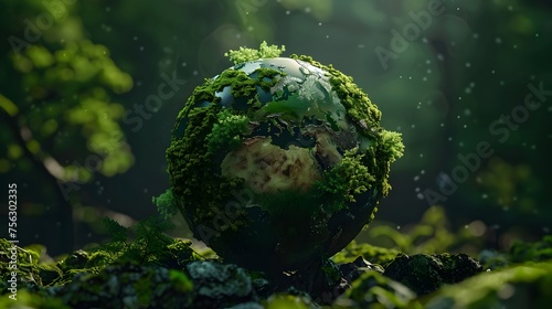 Realistic planet Earth covered with moss and trees in the forest. Background for World environment day concept. Green earth. Planet, global warming