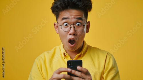 23-year-old asian male with glasses, wearing yellow shirt, close up picture reacting with surprise to cellphone content © artestdrawing