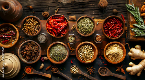 Group of Chinese spices and herbal medicines arranged on table. Top view. Healthy condiment concept. 