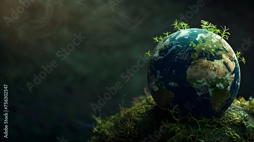 The earth with growing plants on top  dark background  green earth concept for world environment day or global warming and ecology idea  banner with copy space area
