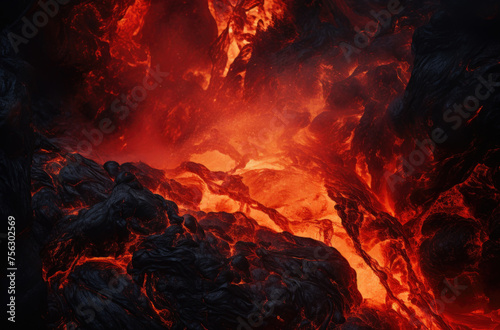 Lava Flows on active volcano. Hot lava and magma coming out of the crater.