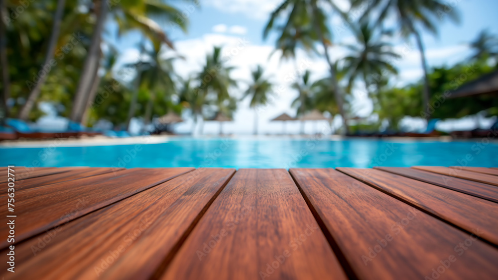 Leeres Holzdeck vor verschwommenem tropischem Swimmingpool im Urlaub, Hotel, Resort und Palmenhintergrund mit Platz für Produktpräsentation