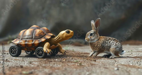 An imaginative race with a turtle on wheels leading the charge against a rabbit both rendered in engaging 3D cartoon graphics