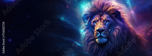 African lion, mane infused with stardust, gazes nobly against a backdrop of celestial bodies, nebulae, and a distant planet, embodying cosmic majesty.