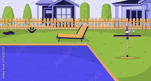 Luxury poolside area cartoon flat illustration. Party and relax. Backyard swimming pool in summer 2D line landscape colorful background. Recreation at swimpool scene vector storytelling image