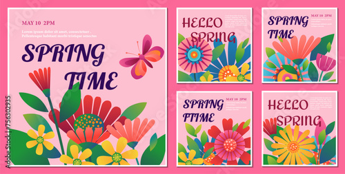 Spring Bright Blooming Flowers with Plants social media banner with Gradient Noise Style