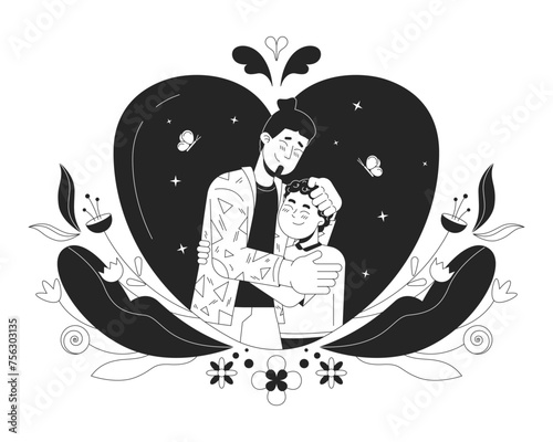 Kindness father day black and white 2D illustration concept. Closeness dad son caucasian comforting cartoon outline characters isolated on white. Good warm moment metaphor monochrome vector art