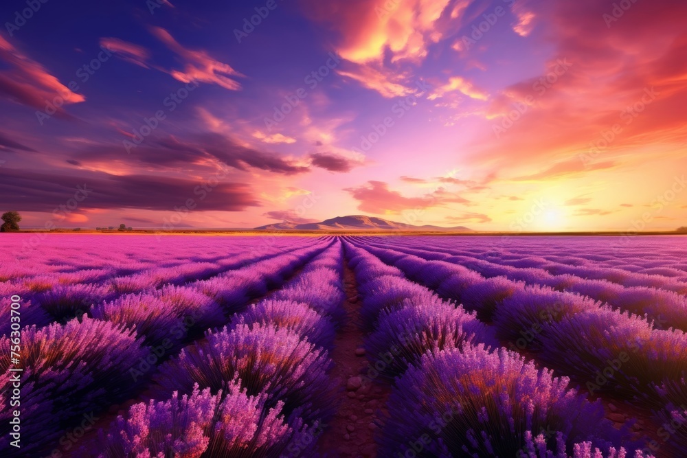 Majestic Lavender Fields at Sunset with Dramatic Sky