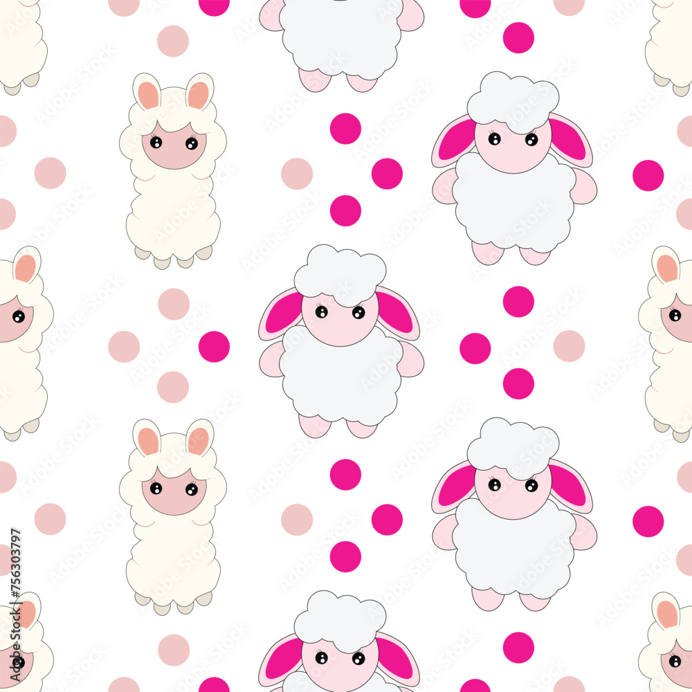 Seamless pattern with cute sheep on blue. Vector background for kids.