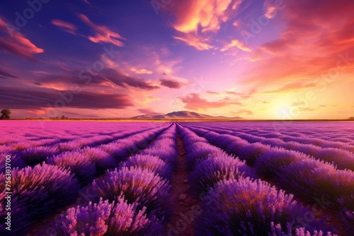 Majestic Lavender Fields at Sunset with Dramatic Sky