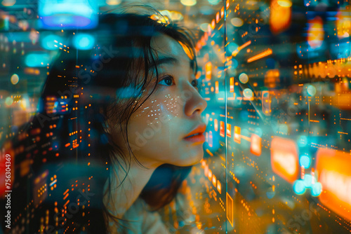 Double exposure image blending a woman's silhouette with a vibrant city lights background photo
