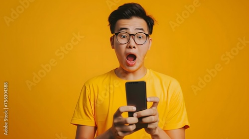 Close up picture of a young asian man with glasses, wearing yellow shirt, looking shocked at cellphone screen