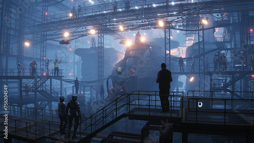 Production of military futuristic ship at the factory. People and robots Future concept. 3d rendering. photo