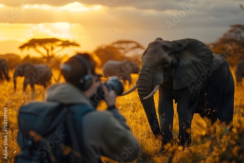 Wildlife Photographer Capturing Majestic Elephants at Magic Hour on the African Savannah
