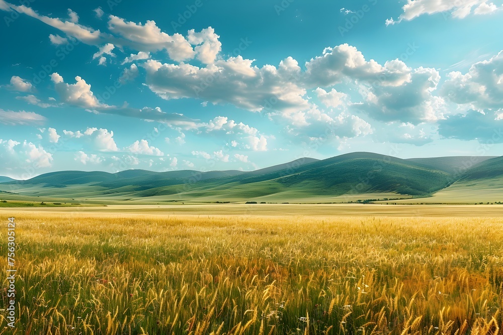 Golden Wheat Fields Under Idyllic Summer Sky A Rural Farmland Panorama