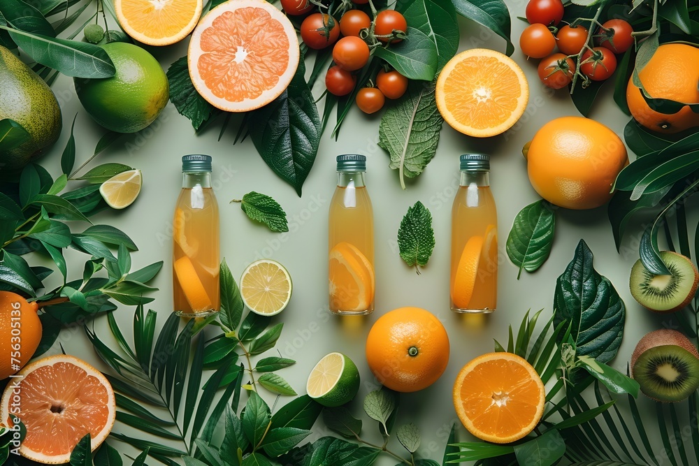 Fresh Fruit Juice Bottles on Vibrant Green Backdrop - Elegant Product Photography Fresh Fruit Juice Bottles on Vibrant Green Backdrop - Elegant Product Photography