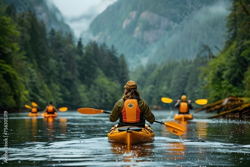 Kayaking Expedition Through Serene Pacific Northwest River and Lush Green Forests