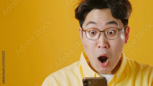 Close up photo of a 23-year-old asian man in yellow shirt and glasses, surprised by cellphone screen content