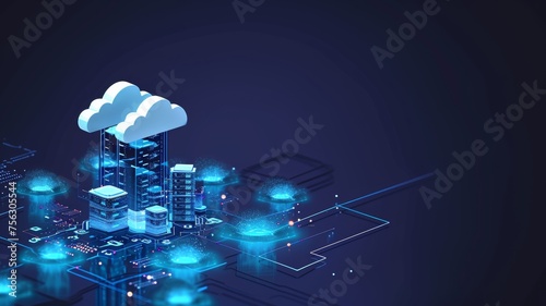 Cloud storage for downloading an isometric. A digital service or application with data transmission. Network computing technologies photo