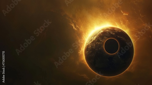 A total solar eclipse highlighted by glowing sun rays, over a dark background