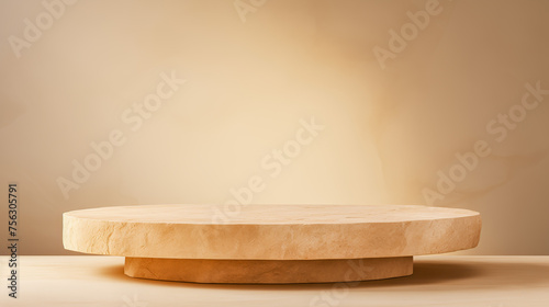 Stone podium on beige background for product display. Empty pedestal for advertising. Front view, copy space.