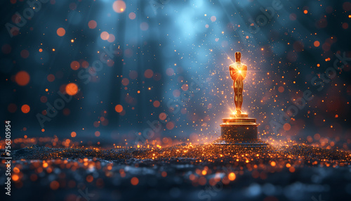 Award, statuette, Oscar, cup for achievements in spotlights, golden shiny background © MarijaBazarova