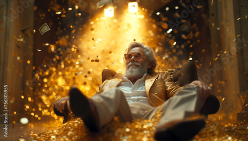 Wallpaper Mural A smiling, happy, wealthy elderly man sits in a chair  in the spotlight, surrounded by wealth, gold, banknotes. Torontodigital.ca