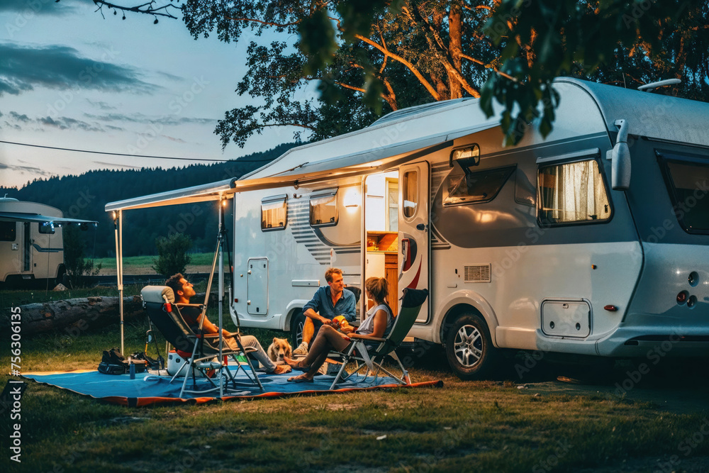A family enjoys quality time together having a meal outside their modern caravan during a camping trip