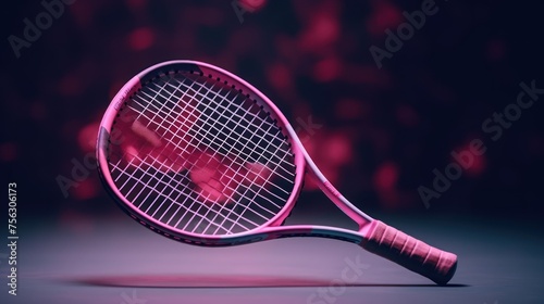 Pink tennis racket and pink ball on pink background. Horizontal sport theme poster © ANIS