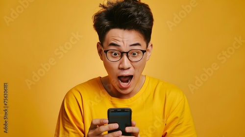 Close up photo of a young asian male in yellow shirt and glasses, showing surprise while viewing cellphone screen