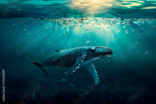 海洋ゴミの中を泳ぐクジラ © Jusco
