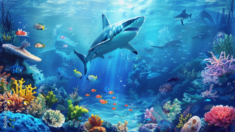 underwater coral reef landscape 16to9 background in the deep blue ocean with colorful fish and marine life underwater coral reef landscape 16to9 background in the deep blue ocean with colorful fish and marine life