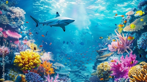 underwater coral reef landscape 16to9 background in the deep blue ocean with colorful fish and marine life photo