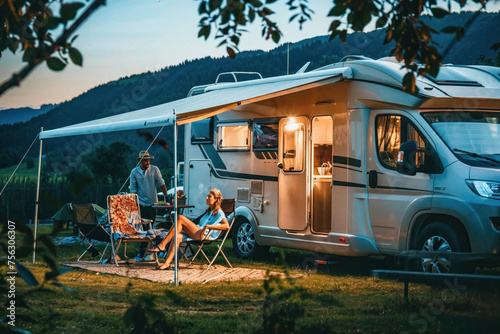 A couple sits comfortably outside their motorhome, enjoying a beautiful sunset together in the countryside photo
