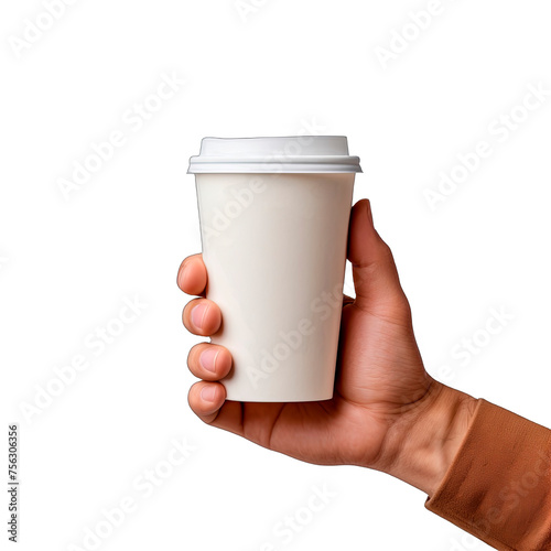 A hand grips a matte white coffee cup with a snug lid, showcased against a dark backdrop, in PNG format with a transparent background, ideal for customization.