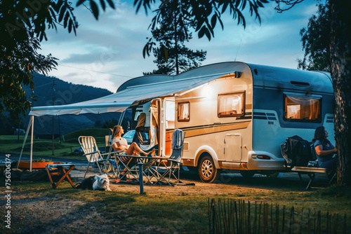 A family enjoys a peaceful evening outside their recreational vehicle surrounded by nature's calm