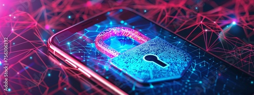 Lock on the mobile with pink and blue background, mobile and smartphone security concept