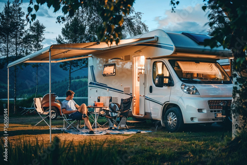 A peaceful image of a couple relaxing outside their motorhome as day turns to night in a scenic campsite