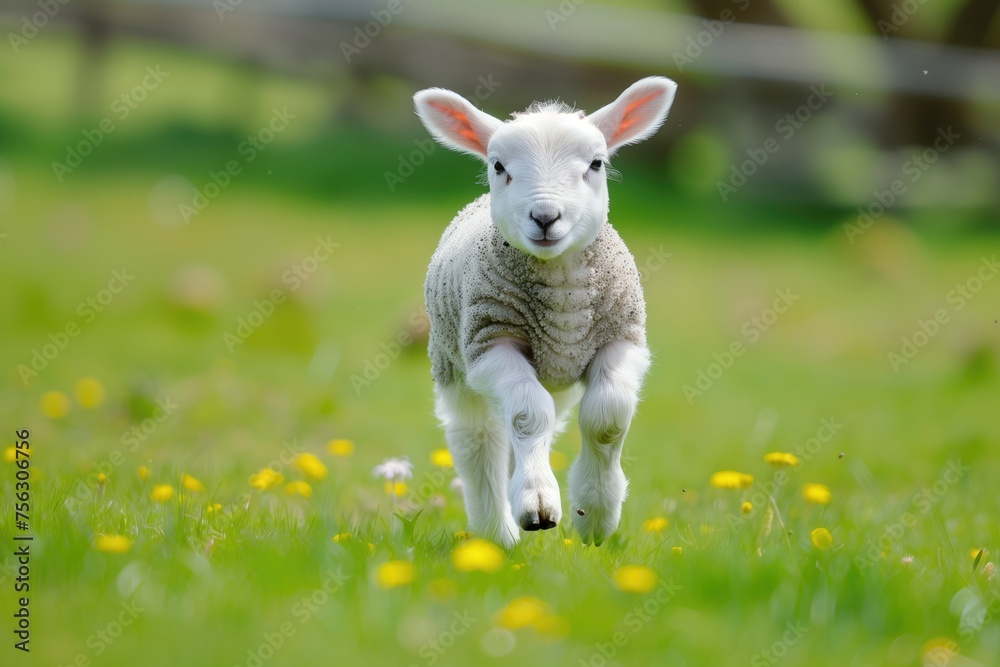 Fototapeta premium cute baby lamb prancing on green grass
