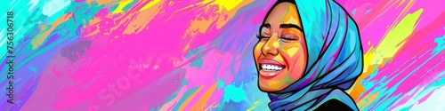 Portrait of ethnic smiling laughing woman in hijab on the colorful background