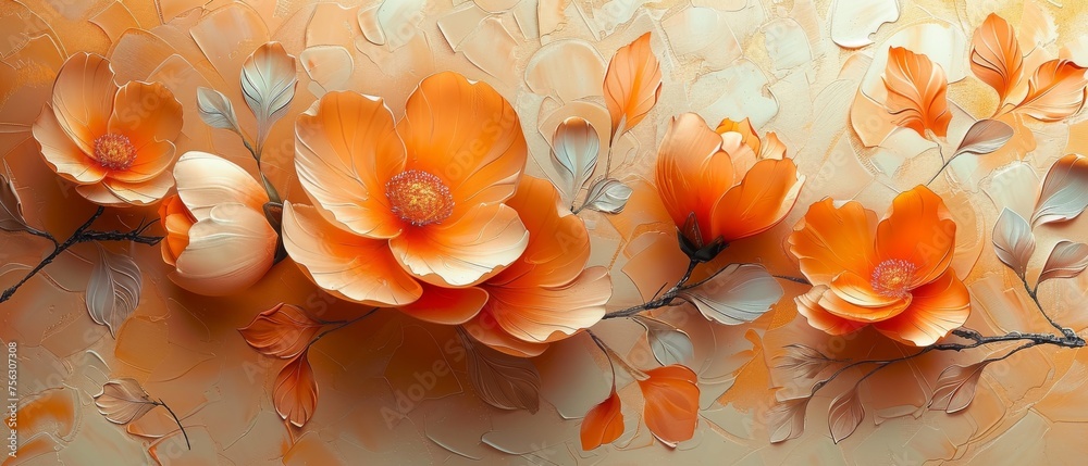 Painting with abstract oil techniques. Flowers, leaves. Luminous golden texture. Prints, wall papers, posters, cards, murals, carpets, decorations, wall paintings, posters. - obrazy, fototapety, plakaty 