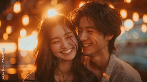 Young Asian couple smiling and laughing