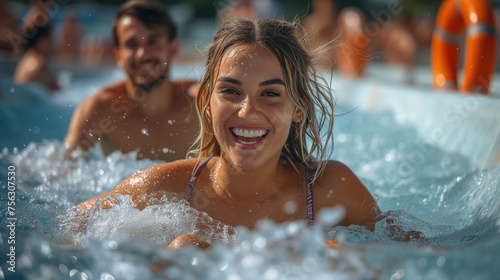 happy young couple in the pool. couple relaxing in the pool of a water park. active lifestyle concept