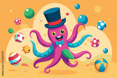 a octopus in a top hat juggling colorful beach ba
