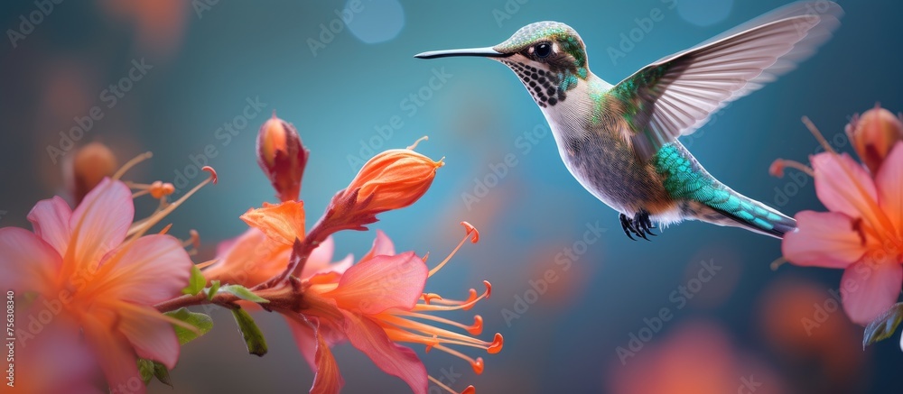 A Hummingbird with iridescent feathers is perched on a delicate flower branch, using its long beak to sip nectar while its wings flutter rapidly